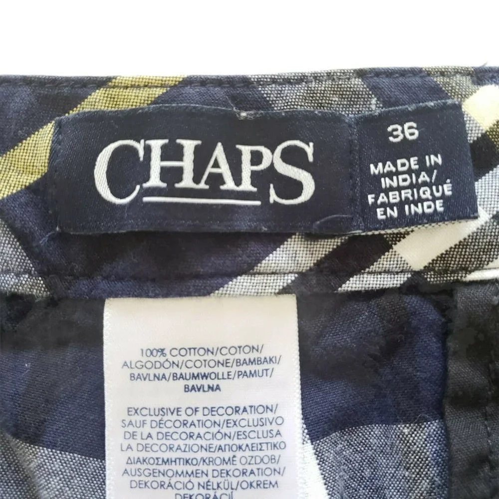 Chaps Flat Front Shorts Mens Size 36 Blue Yellow White Plaid 100% Cotton